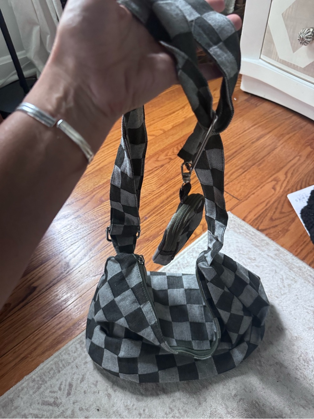 Checkerboard Shoulder Bag in denim like Gray and charcoal Black